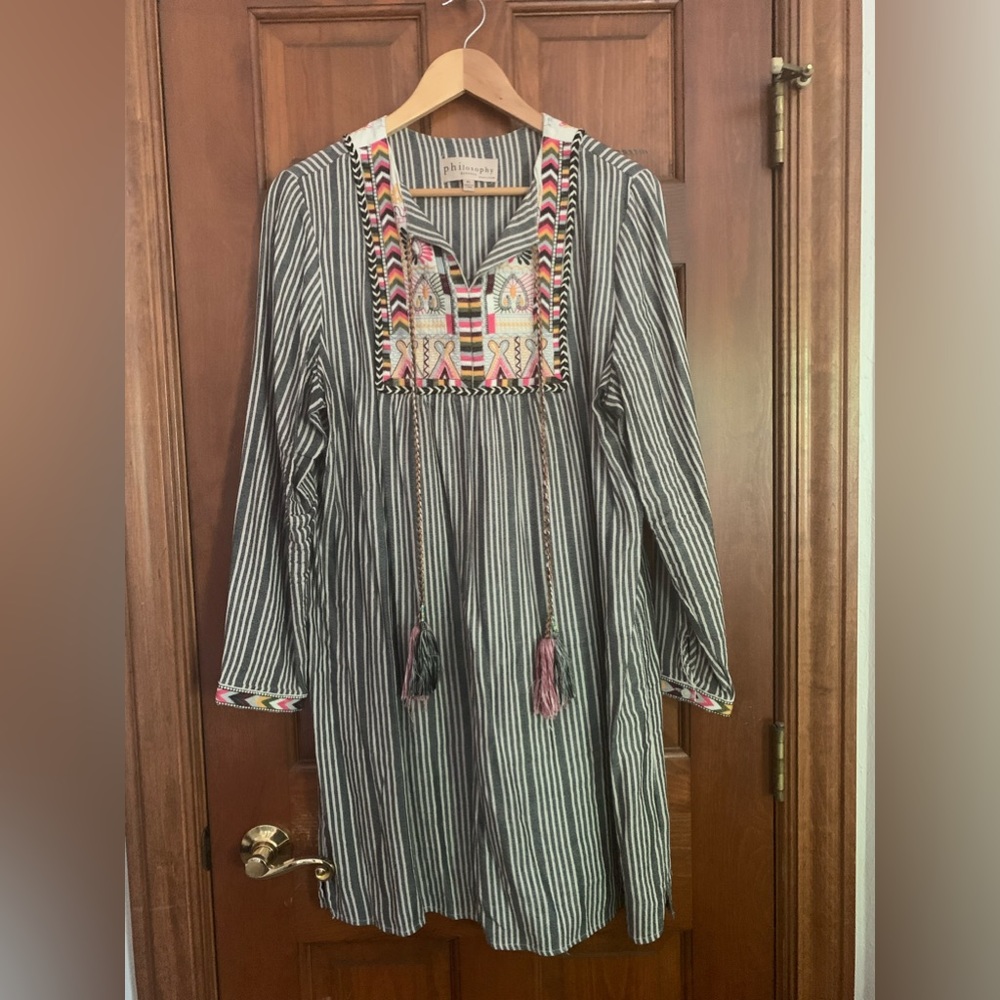 Philosophy Striped Tunic Dress with Multicolor Embroidered Yoke